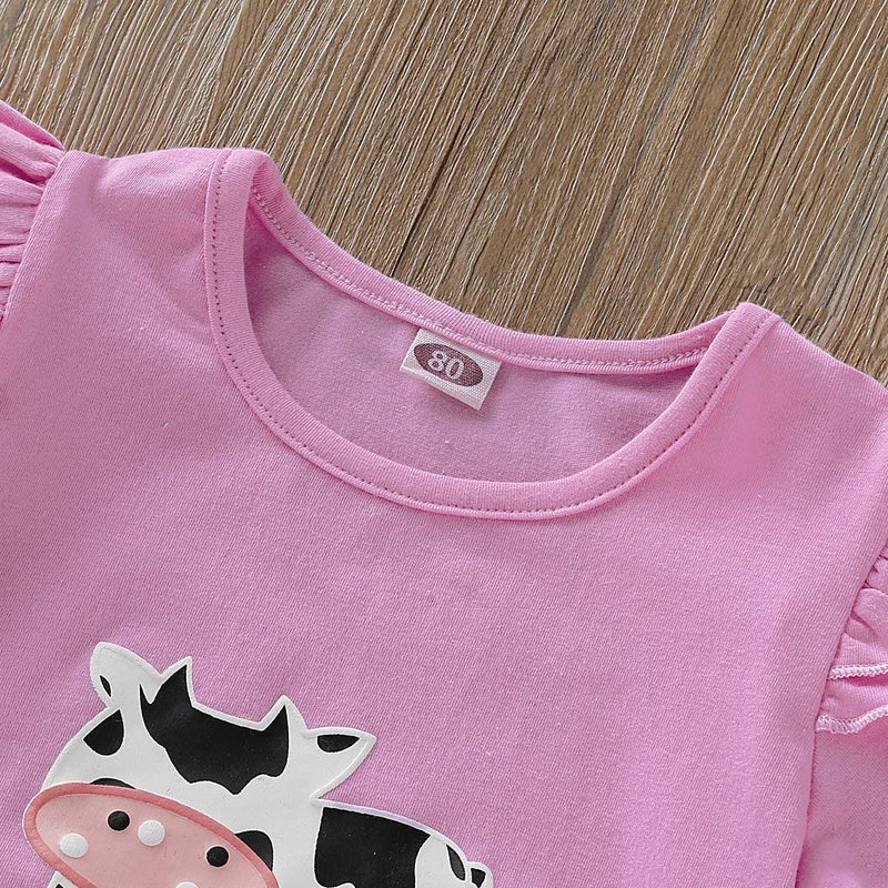BOIZONTY Toddler Baby Girl Ruffled Fly Sleeve Cow Top Shirts + Leopard Suspender Skirts Overall Dress Clothes Set(18-24 Months,Leopard Cow) - Image 4
